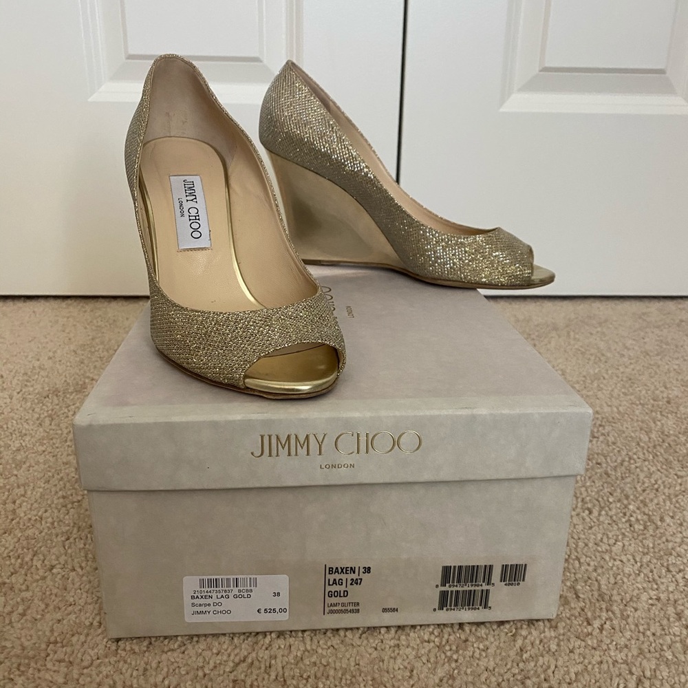 Jimmy Choo Gold Shimmer Baxen Peep Toe Wedge 38